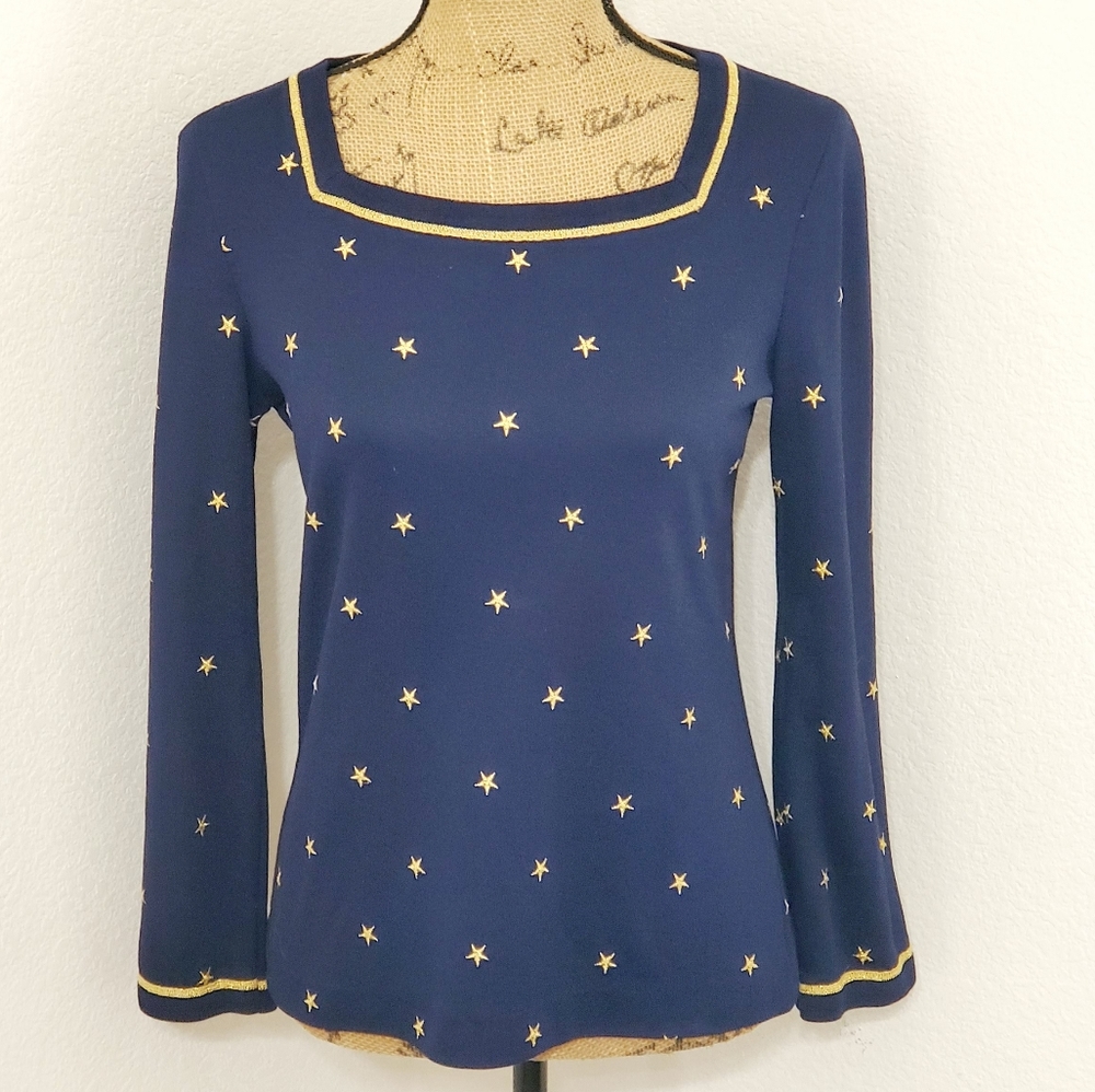 Aileen Navy blue with gold stitched stars long sleeve top square neckline S
